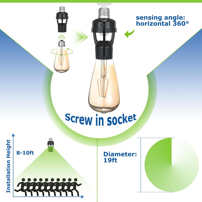 Hortsun 3 Pcs Motion Sensor Light Socket Smart Screw in