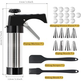Stainless Steel Cookie Press Gun & Churro Maker Machine - Baking Gun with Discs & Nozzles (8 Tips, 13 Discs, 1 Baking Scraper, 1 Baking Brush, 1 Sponge Brush Cookie Cutters) Accessories Set