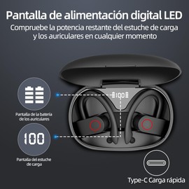 PANFREY Audifonos Inalambricos, Audífonos Bluetooth 5.3 con Pantalla Digital LED,Estéreo HiFi Audífonos Inalámbricos, Llamada ENC HD Y IPX7 Impermeable,Audífonos Deportivos con Gancho para Android