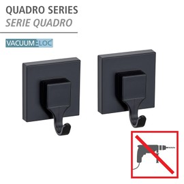 WENKO Vacuum-Loc® Quadro Wall Hooks, Set of 2, Plastic Bathroom Hooks, Fixing Without Drilling, Black