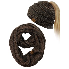 C.C BeanieTail Messy High Bun Cable Knit Beanie and Infinity Loop Scarf Set, Brown Metallic
