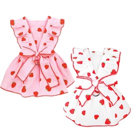 Anelekor 2 Pack Strawberry Dog Dresses with D-Ring Summer Puppy Clothes for Small Dog Girl Spring Cat Outfit Cotton Sleeveless Pet Dress for Kitten Chihuahua Pomeranian Yorkie (Pink White, Medium)