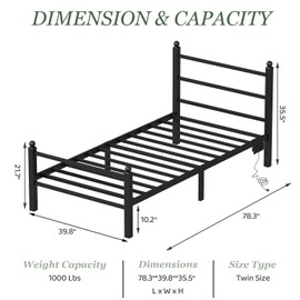 Twin Bed Frames With Charging Station & LED Lights, Metal bed frame twin size with Headboard and Footboard, Heavy Duty Slats Support Platform, No Box Spring Needed, Noise Free, Easy Assembly, Black