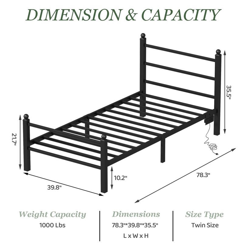 Twin Bed Frames With Charging Station & LED Lights, Metal