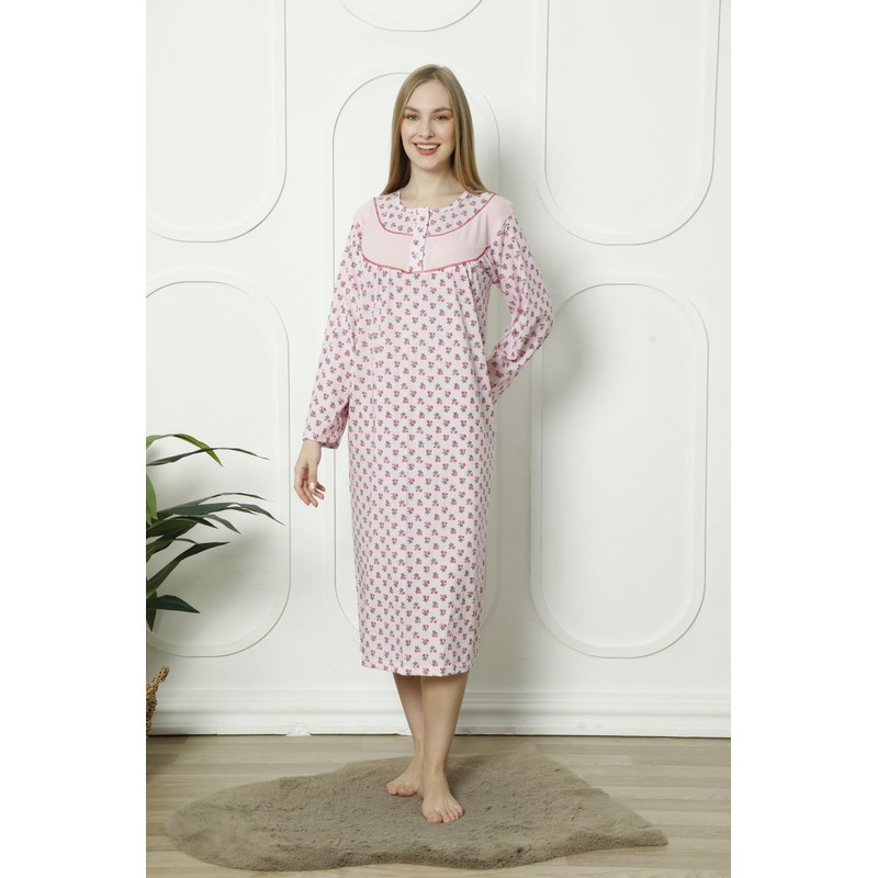 Trifolium Women Button Up 100% Turkish Cotton Nightdress Floral Trim