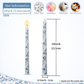Blue and White Porcelain Taper Candles 10 inch - 2 Pack Peony Pattern Printed Smokeless, Unscented Tall Candlesticks Perfect for Home Decor, Weddings, and Special Occasions
