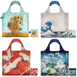 LOQI Exquisite Artworks Museum Collection Pouch Reusable Bags, (Set of 4), Japanese & Sunflowers