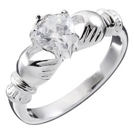 GWG Jewellery 925 Sterling Silver Claddagh Love Ring with Diamond Clear Heart Stone, Hands, and Crown – 7 in Gift Box for Women