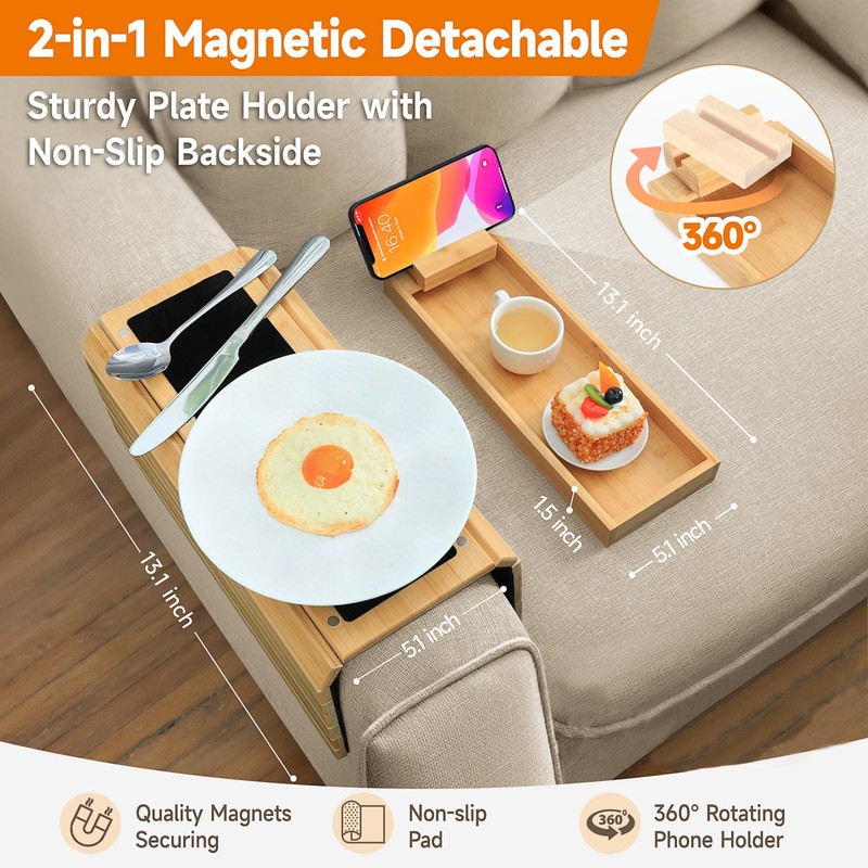 Bamboo Sofa Arm Tray – 2-in-1 Magnetic Detachable Couch Cup