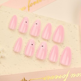 Christmas Press on Nails Medium Almond Fake Nails With Snowflake Designs Xmas Pink False Nails Acrylic Glue on Nails Full Cover Stick on Nails Winter Solid Color Artificial Nails for Women 24 Pcs