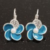 Small Blue Enamel Diamante Flower Drop Earrings In Silver Tone/