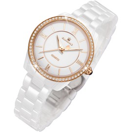 GUANHAO White Ceramic Women’s Wristwatch Diamond Elegant Dress Watches for Women Waterproof Luminous Quartz Movement Watch