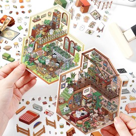 3D House Stickers Set of 4 DIY 3D Collage Material Scene Stickers Paper Miniature Model Collage Stickers Paper Doll House with Tweezers Paper Material Diary 3D Korean Style Niche Decoration Sticker