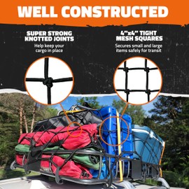 Mockins 36"x20" Heavy Duty Cargo Net for Pickup Truck Bed Expandable Up to 75"x40" | 6mm Thick Elastic Bungee Net with Hooks for Truck, SUV & Car | 4"x4" Mesh Square Cargo Netting for Any Type of Load