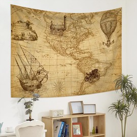 YONGFOTO 180x160cm World Map Tapestry Wall Hanging, American Continent Industrial Age Invention Blanket for Room Decor, Old Century Adventure Historical Discovery for School Class Room Dorm
