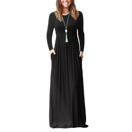 EUOVMY Maxi Dress for Women Black Large Round Neck Long Sleeve Wedding Guest A-line Plain Casual Loose Empire Waist Flowy Party Funeral Beach Vacation Spring Summer Sun Dresses with Pockets