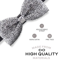 Man of Men Silver Bow Tie for Men, Rhinestone Bow Ties for Men, Pre Tied Sequin Bowties with Adjustable Length, Huge Variety Colors Available (Jewels - Silver)