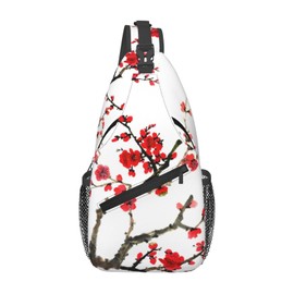 QISENTIS Red Cherry Blossom Sling Bag for Women Crossbody Bag Asian Japanese Flower Watercolor Ink Painting Sling Backpack for Men Plum Blossom Floral Shoulder Bag Gym Sports Travel Hiking Daypack