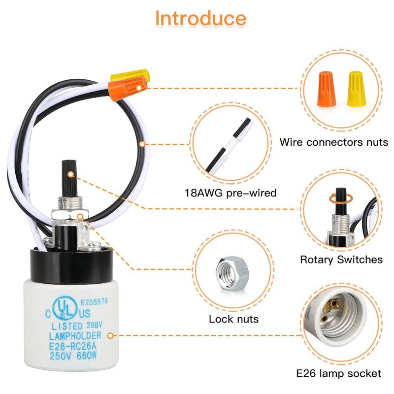 Helunsi E26 E27 Ceramic Lamp Socket with Rotary Knob Switch,