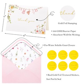 Crisky Baby Cloth 2 Assorted Pink Gold Thank You Cards (25 Pack) with Envelopes & Stickers Greeting Cards Bulk, Watercolor Delicate Wildflower for Baby Shower Party
