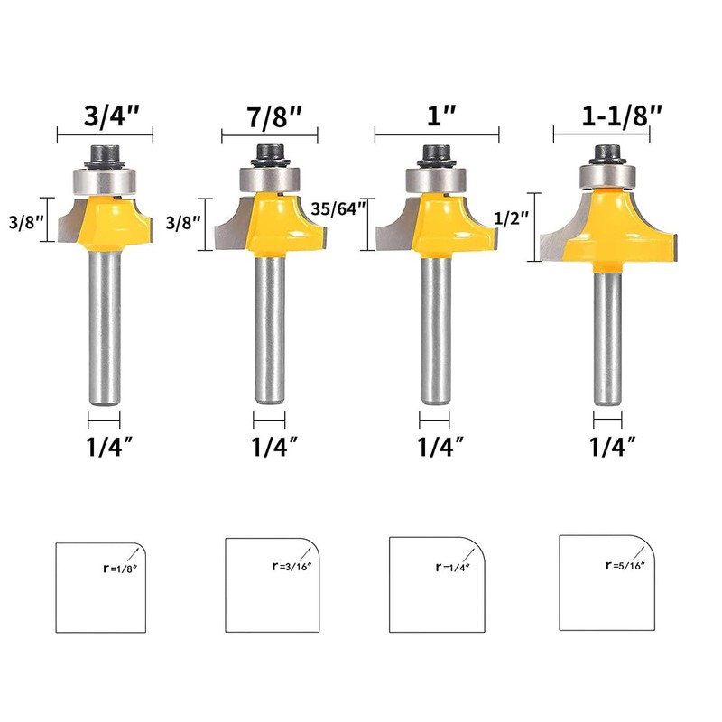 TOTOWOOD Roundover Router Bit Set，4pcs Router bit Set，1/4 inch Shank，Radius