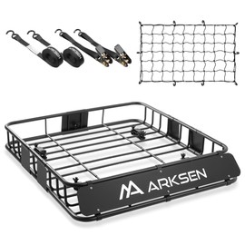 ARKSEN 43 x 39 x 6 Inch Universal 250LB Heavy Duty Roof Rack Cargo with Cargo Net & Ratchet Straps, Car Top Luggage Holder Carrier Basket with Extension for SUV, Truck, & Car Steel Construction