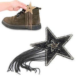 Parche de Estrella Diamantes Imitación, 4 Colores Parches de Hierro con Diamantes Imitación Brillantes de Bricolaje Parches de Ropa con Patrón Estrella Cinco Puntas 8.5 cm (Black + Black Tassel)
