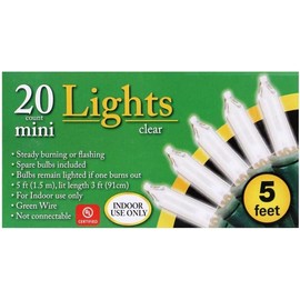 20-Count Clear Christmas Mini Lights, 5 ft Green Wire Strand
