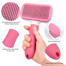 PWOD Dog & Cat Brush, Self Cleaning Slicker Brush for Pets, Upgraded Dog Brush for Shedding Massaging and Grooming, Removes Loose Undercoat & Portable Comb for Long Short Haired Dogs(Pink)