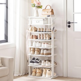 HOOBRO Vertical Shoe Rack, 8 Tier Wooden Shoe Storage Organizer with Hooks, Narrow Shoe Tower for 16 Pairs, Space Saving, for Entryway, Living Room, Bedroom, White WT750XJ01