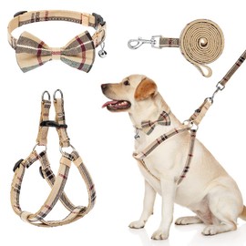 BINGPET Dog Harness Collar Leash Set,Adjustable No Pull Escape Proof Small Dog Harness,Classic Plaid Puppy Harness and Leash Set for Small Medium Large Dogs Training Easy Walk Running(Beige,L)