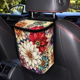 Renewold Car Trash Can with Zipper Lid, Adjustable Foldable Car Garbage Can, Multipurpose Trash Bin, Boho Flower Dahlia Auto Organizer, Camping Picnicing Travel Vacation Storage Bag