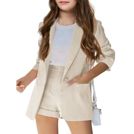 Girls 2 Piece Outfits Button Front Long Sleeve Blazer and Short Pants Suit Sets 4-14 Years