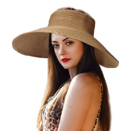 StilvollMao Sun Visor Hats for Women, Straw Sun Hat Wide Brim Summer Sun Hat Foldable Beach Hats with Cap Absorbent Sweat Pad (Straw, Khaki)