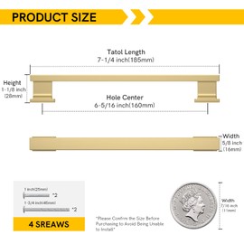 Rergy 10 Pack Gold Cabinet Handles, 6-1/4inch Hole Center Pulls, Gold Kitchen Drawer Pulls and Knobs, Square Hardware for Kitchen Bathroom Dresser