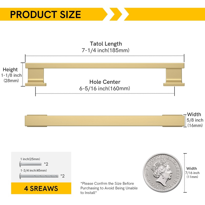 Rergy 10 Pack Gold Cabinet Handles, 6-1/4inch Hole Center Pulls,