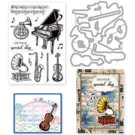 ORIGACH Musical Instruments Stamp and Dies for Card Making Music Score Notes Dies and Stamps Set for DIY Scrapbooking Album Decorative