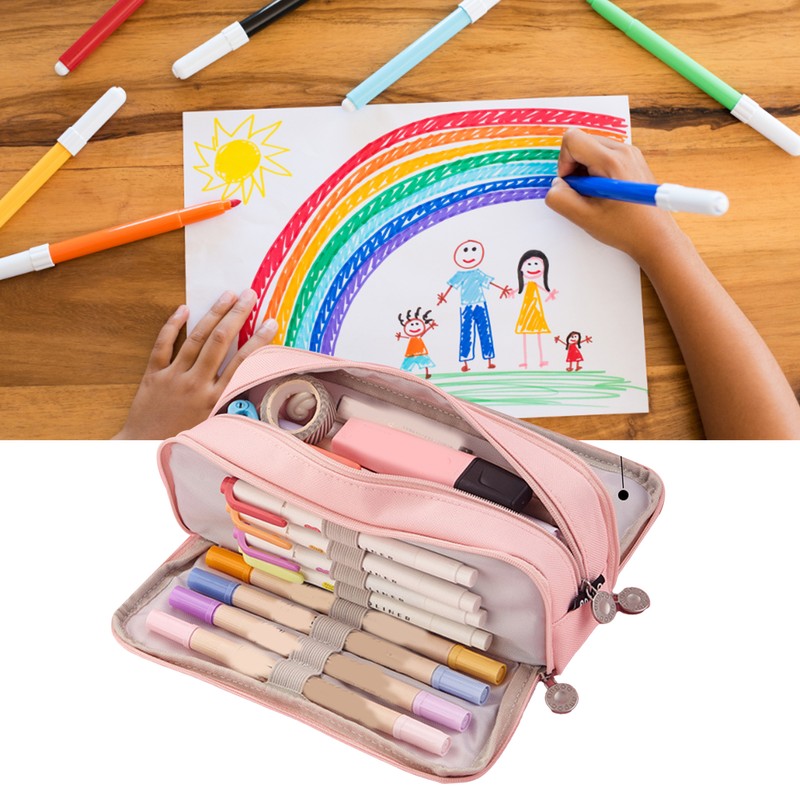Pencil Pouch With 3 Compartments Large Capacity Double Opening Soft