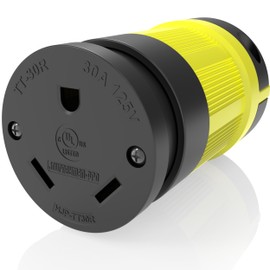 Journeyman-Pro NEMA TT-30R, 30 Amp, 125 Volt, Straight Blade Female RV Trailer Plug Connector, Black/Yellow Industrial Grade, Grounding 3750 Watts Generator TT30 (TT30R-YELLOW)
