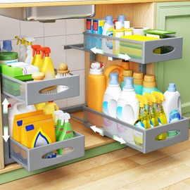 Under Sink Organizer, 2 Pack 2 Tier Pull out Cabinet Organizer Baskets with Mesh Sliding Drawers, Slide out Sink Storage Shelves for Home, Kitchen, Bathroom, Pantry, Office Organizers and Storag,Grey