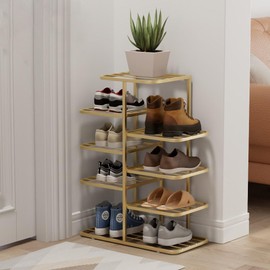 Simcat Shoe Rack Sturdy Metal Shoe Rack Organizer for Closet Entryway Garage Vertical Narrow Shoe Stand Shoe Shelf (5 Tiers - Champagne Gold)