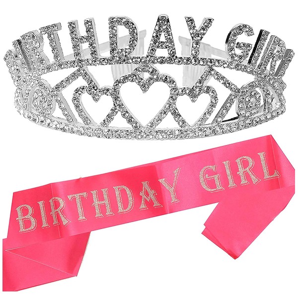 MEANT2TOBE Birthday Sash and Tiara for Women - Fabulous Glitter Sash + Birthday Girl Rhinestone Silver Premium Metal Tiara for Her, Party Gifts for Birthday Celebration