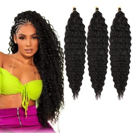 30 inch Ocean Wave Crochet Hair Deep Wave Twist Crochet Hair Extensions Curly Braiding Hair 3 packs (30 inch, Natural Black)