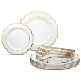 " OCCASIONS " 150 Piece set (25 Guests)-Wedding Plastic Plates & cutlery -Disposable heavyweight Dinnerware 10.5'', 8'' + Silverware w/double fork (Imperial White & Gold)