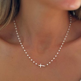 TINGN Pearl Cross Necklace for Women, 14K Gold Plated Sideway Cross Necklace Women Dainty Pearl Choker Necklace Cute Cross Necklace for Women Gold Necklaces for Women Trendy