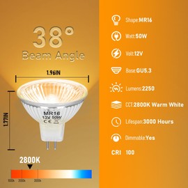 Jaenmsa 50 Watt MR16 Halogen Bulbs, 50W 12V Halogen Light Bulbs 2 Pin, 12 Pack Dimmable Indoor Flood 50w Halogen MR16 GU5.3 Small Light Bulb for Landscape/Track Light Bulbs 2800K Warm White