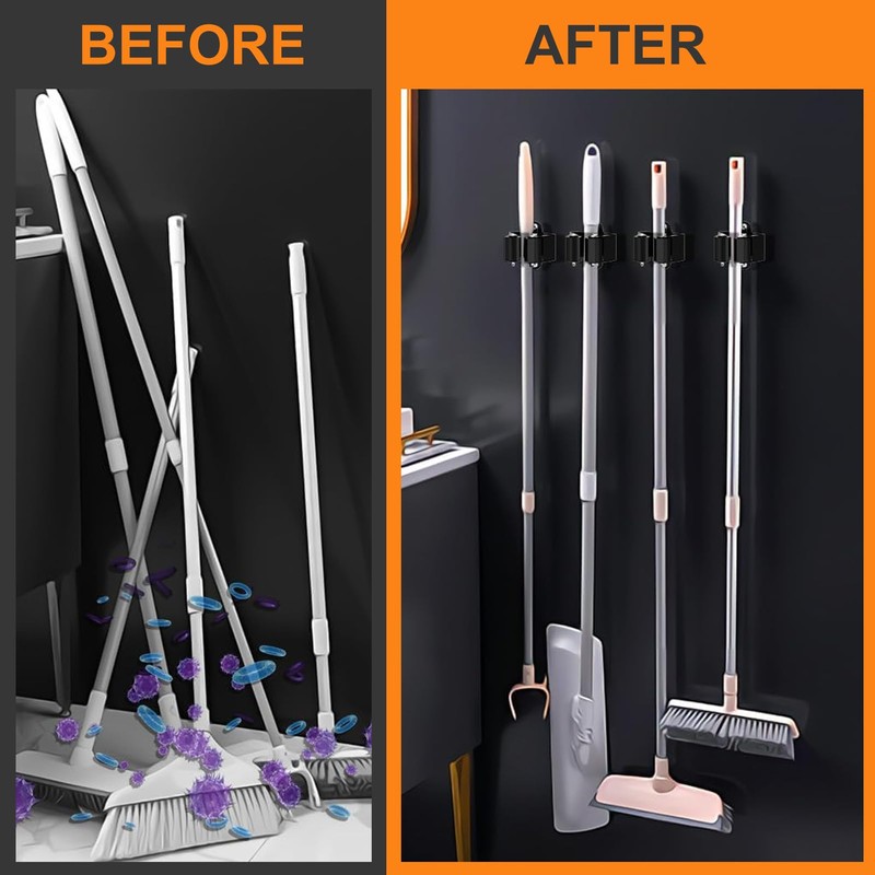 Garage Hooks, Mop and Broom Holder Wall Mounted, Stainless Steel