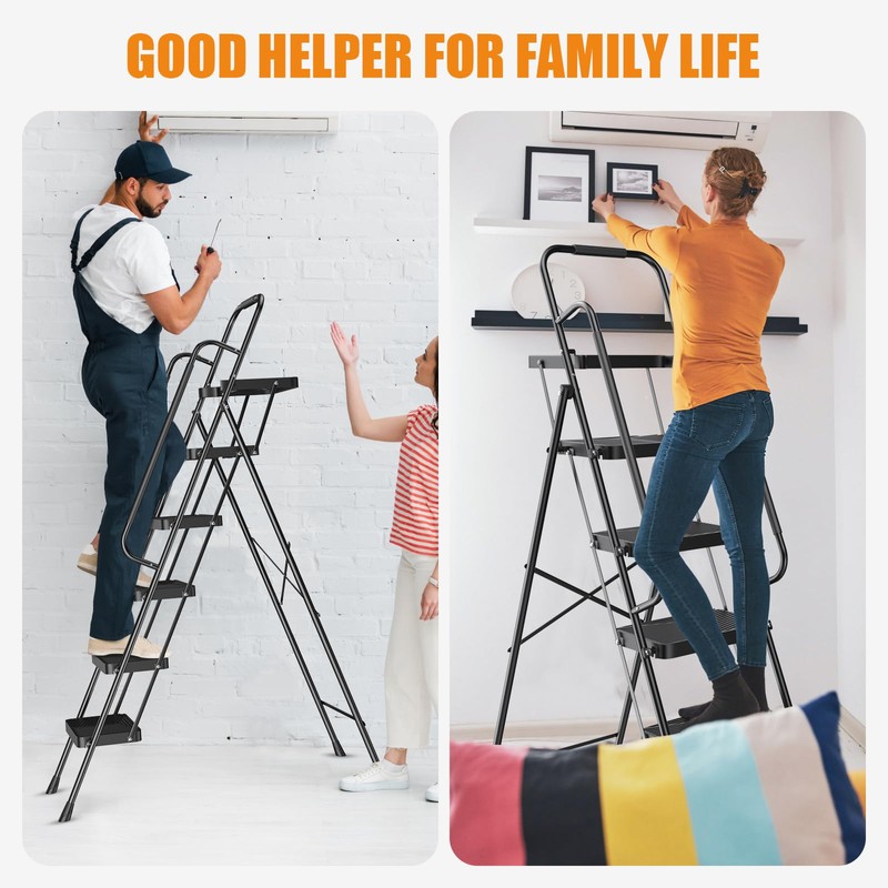 Step Ladder 5 Step Folding with Handrails, 800 LBS Capacity,