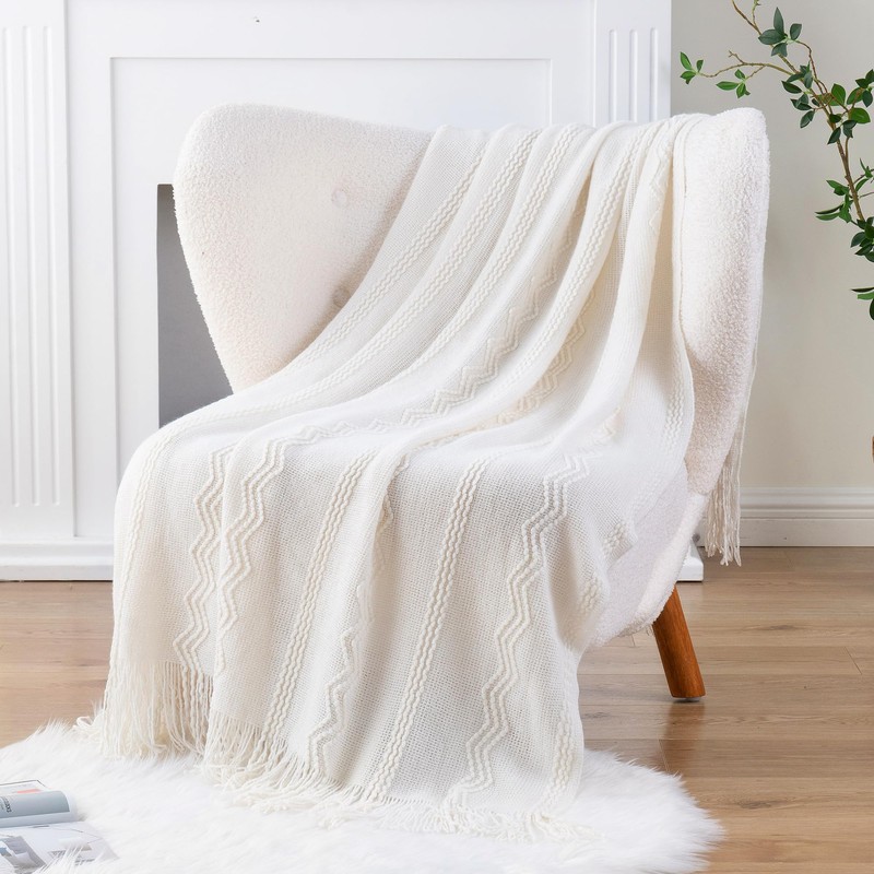 Battilo Cream Throw Blanket for Couch, Bedroom Decor Boho Throw