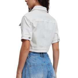 LifeShe Women Stretch Cropped Denim Jacket Short Sleeves Button Down Trucker Jean Jackets Coats